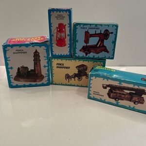 Vtg Die-Cast TAILLE CRAYON Red Lantern Sewing Machine Fire Truck Lot Of 5.
